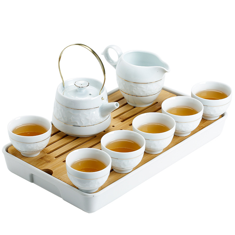 苏氏陶瓷茶盘茶托青瓷茶具套装手绘描金提梁功夫茶具一茶壶六茶杯
