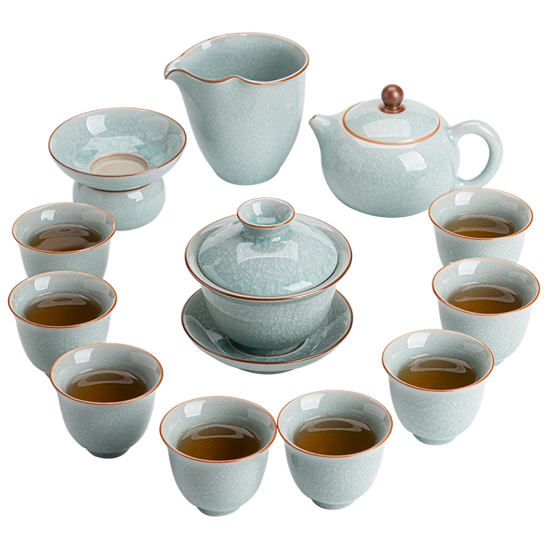 苏氏陶瓷（SUSHI CERAMICS）汝窑冰花釉茶具套装 开片可养金线泡茶壶三才盖碗8茶杯高档礼盒装