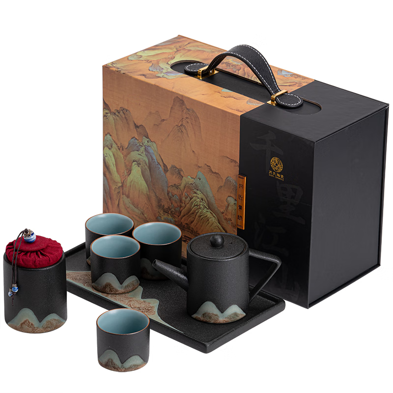苏氏陶瓷手绘彩画整套茶具配干泡茶盘小茶叶罐7件功夫茶杯子茶具礼盒套装