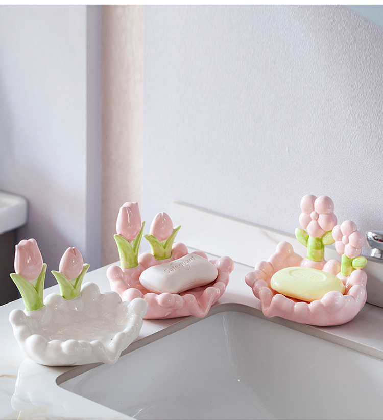 Home creative cute flower ceramic soap box free punch drain household soap drain sink storage rack