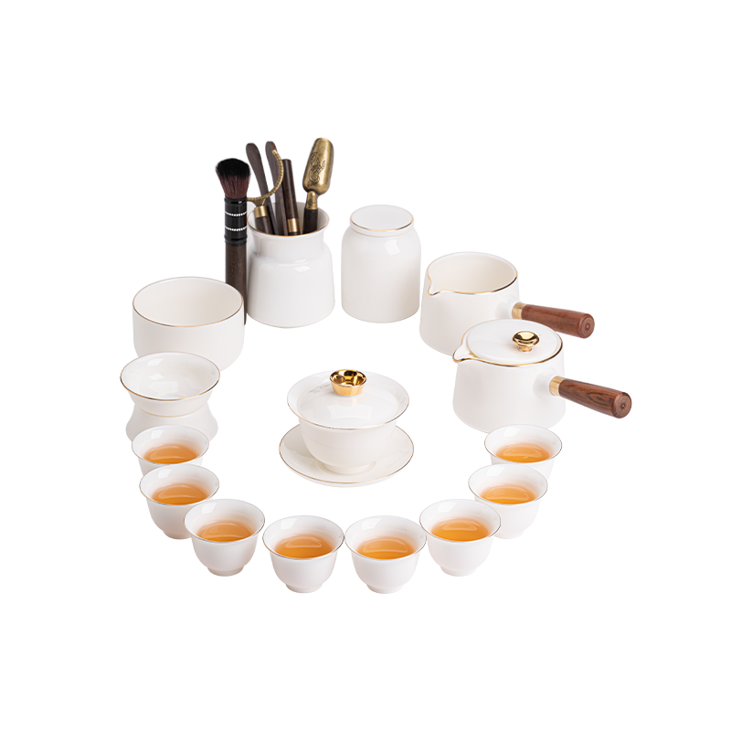 苏氏陶瓷（SUSHI CERAMICS）描金羊脂玉三才盖碗侧把壶德化陶瓷中国白功夫茶杯大套组礼盒装