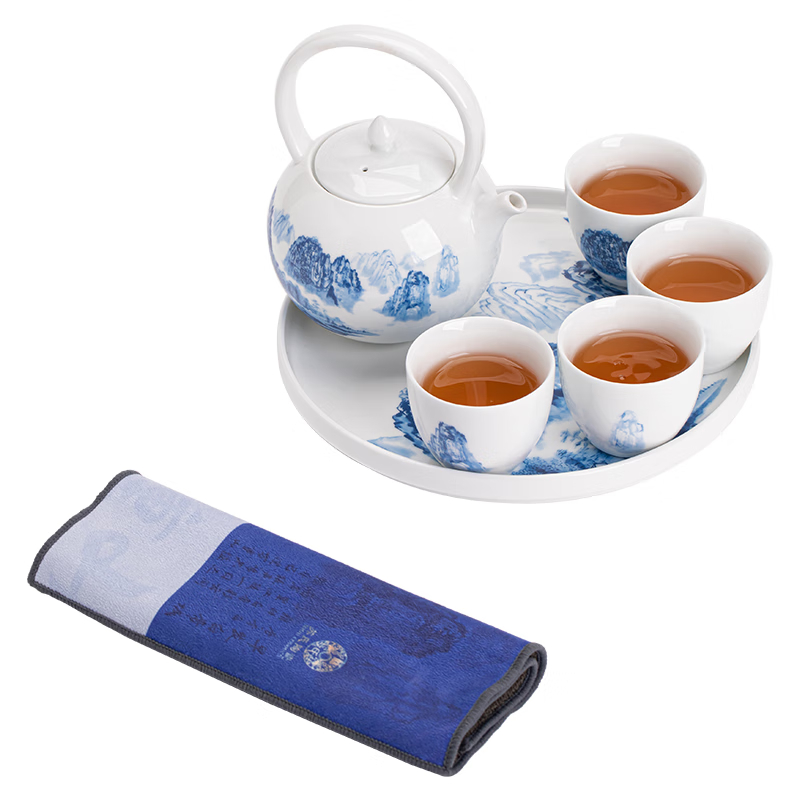 苏氏陶瓷（SUSHI CERAMICS）国潮青花万重山一壶4杯茶巾配干泡盘功夫茶具套组伴手礼