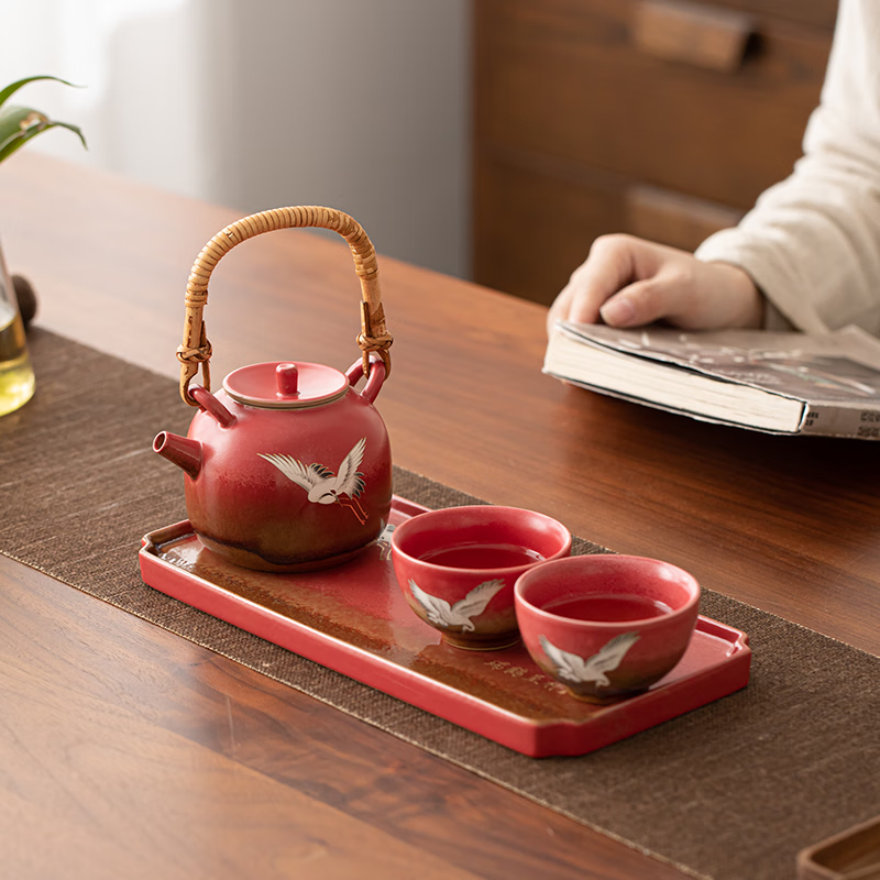 苏氏陶瓷（SUSHI CERAMICS）国潮宫墙红瑞鹤呈祥功夫茶具窑变自然纹理提梁壶陶瓷托盘礼盒装