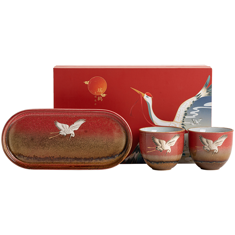 苏氏陶瓷（SUSHI CERAMICS）国潮文化宫墙红功夫茶具品茗杯高温窑变自然纹理瑞鹤呈祥陶瓷托盘主人对杯礼盒装