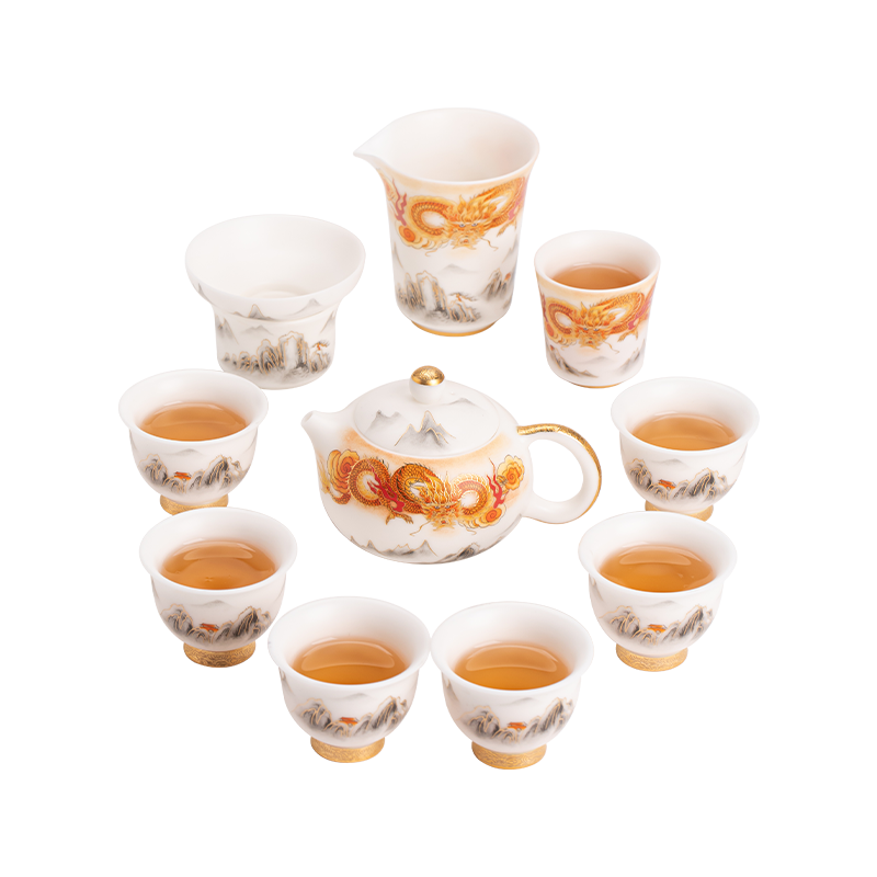 苏氏陶瓷（SUSHI CERAMICS）素烧羊脂玉瓷龙行大茶壶茶具套装 国家一级技师王文克老师作品