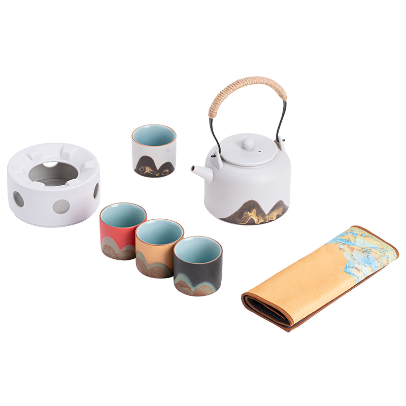 苏氏陶瓷（SUSHI CERAMICS）手绘釉画彩千里江山四色杯温茶套装雅白文创伴手礼套组