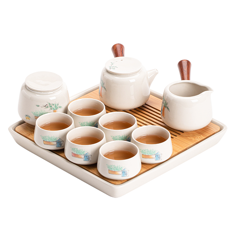 苏氏陶瓷（SUSHI CERAMICS）草木灰釉功夫茶具套装实木手柄双侧把茶壶竹面陶瓷储水茶托礼盒装