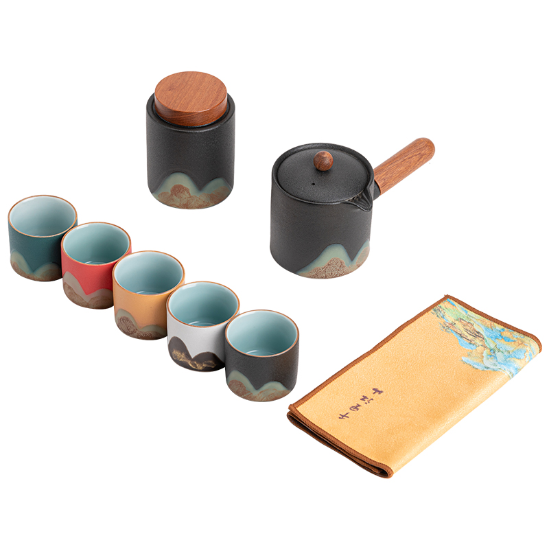 苏氏陶瓷（SUSHI CERAMICS）手绘釉画彩千里江侧把壶五色杯