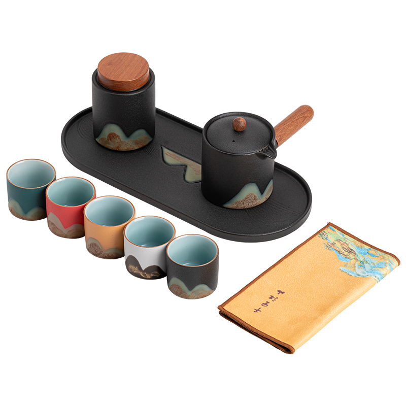 苏氏陶瓷（SUSHI CERAMICS）手绘釉画彩千里江侧把壶干泡盘五色杯