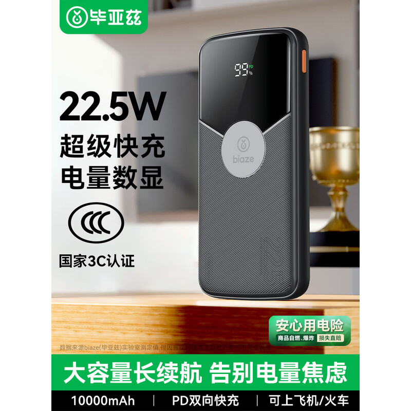 毕亚兹充电宝 22.5W超级快充20W苹果PD 兼容18W大容量移动电源支持苹果15安卓华为小米 YD17 多容量