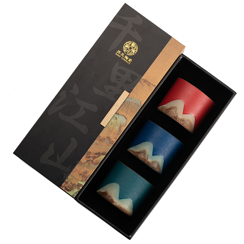 苏氏陶瓷（SUSHI CERAMICS）茶杯手绘山水画三色功夫茶杯文创主人杯中国风千里江山（红蓝绿）