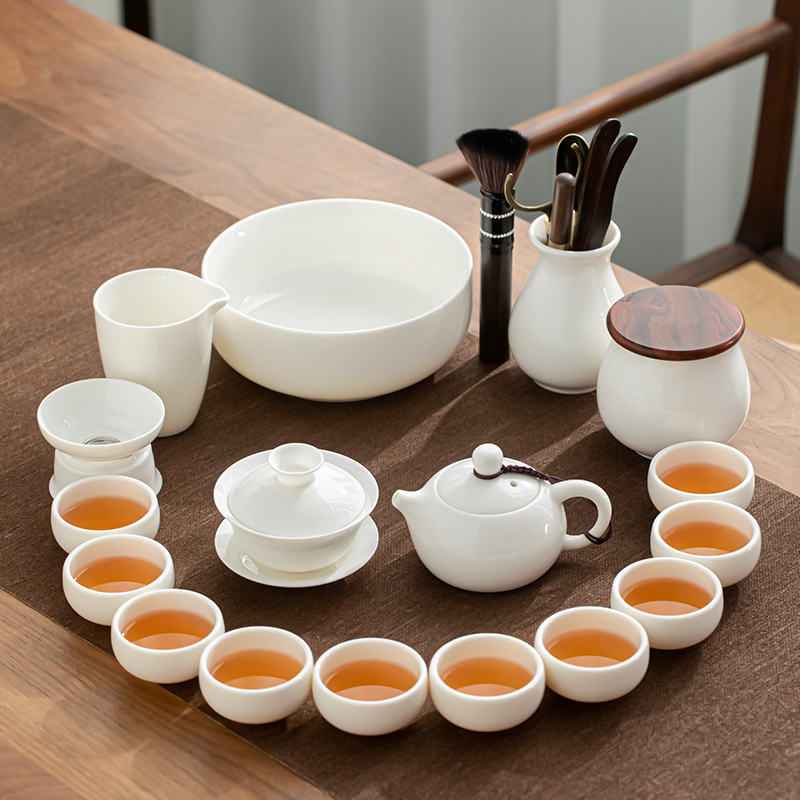 苏氏陶瓷（SUSHI CERAMICS）羊脂玉白瓷功夫茶具套装德化中国白三才盖碗泡茶壶茶洗大套礼盒装