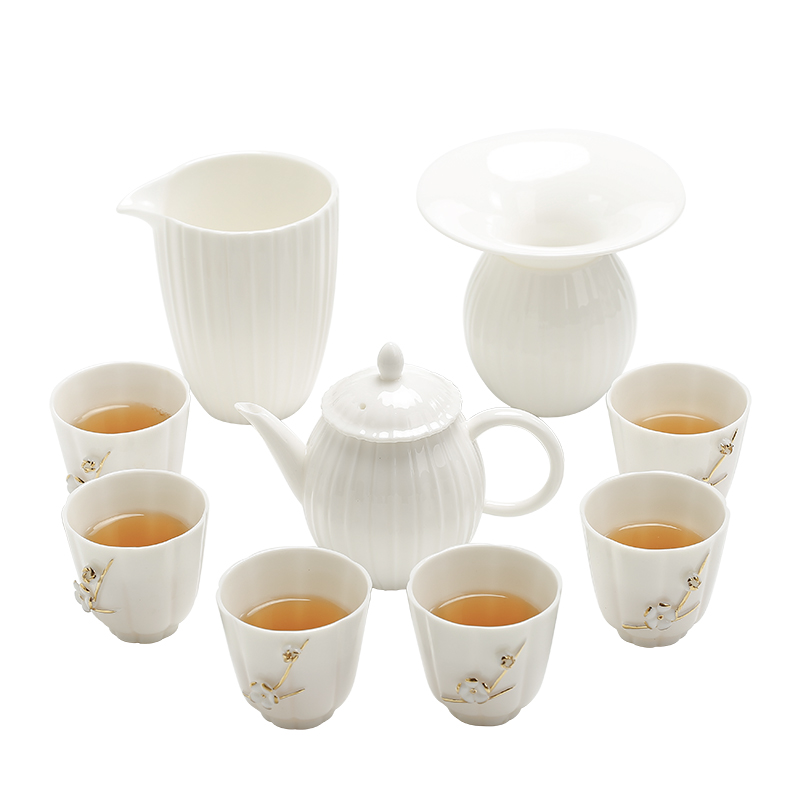 苏氏陶瓷（SUSHI CERAMICS）中国白瓷茶具莲花羊脂玉功夫茶具德化陶瓷礼盒装（亚光8杯）