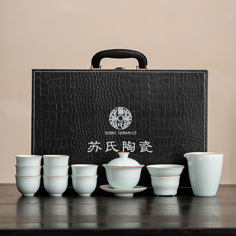 苏氏陶瓷（SUSHI CERAMICS）汝窑卵青 开片可养金线三才盖碗8茶杯高档礼盒装