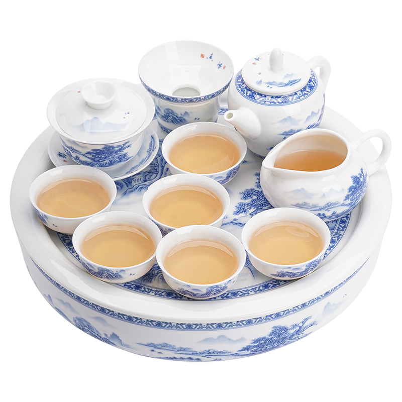 苏氏陶瓷（SUSHI CERAMICS）国潮青花功夫茶具茶盘大套组陶瓷储水托盘三才盖碗泡茶壶礼盒装（薄胎茶杯）