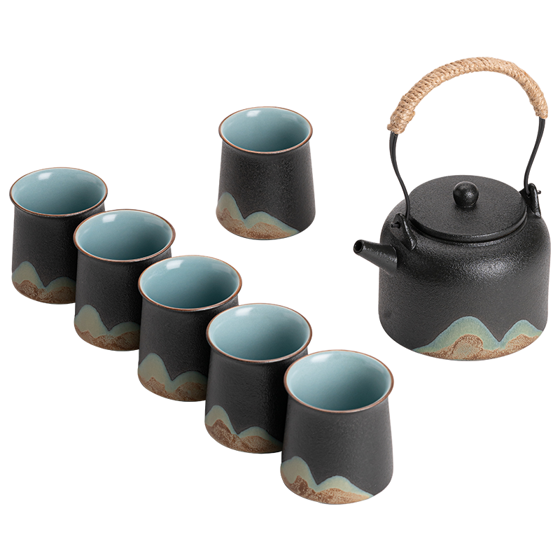 苏氏陶瓷（SUSHI CERAMICS）手绘山水画功夫茶具提梁壶茶具套装1壶6杯礼盒装