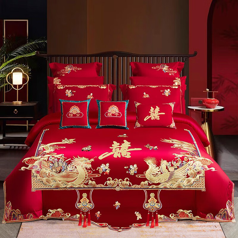 百丽安娜（Belle Anna）60支长绒棉100%棉（龙凤送子）婚庆12件套