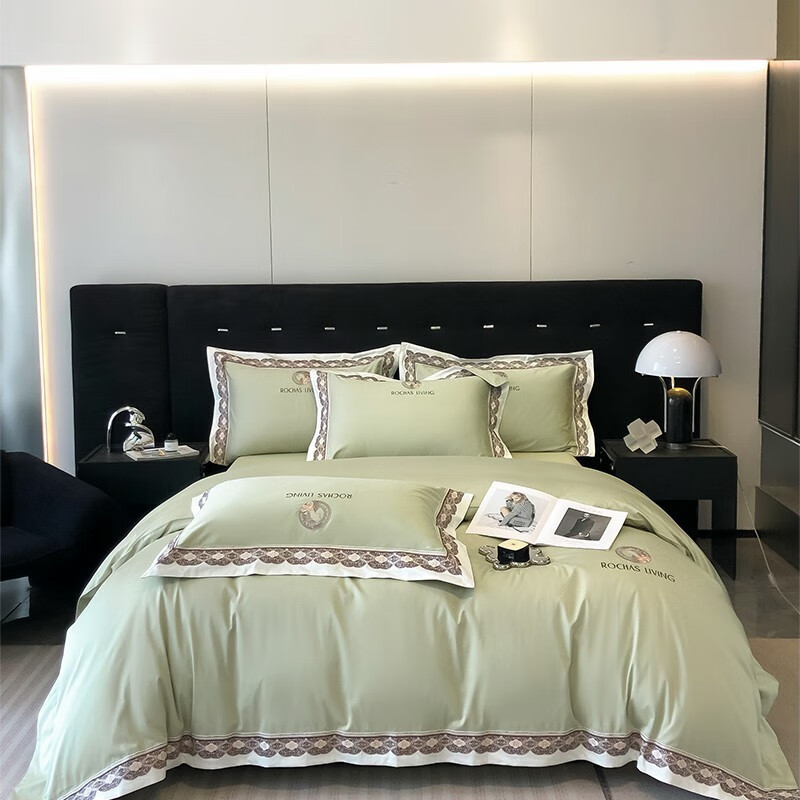 百丽安娜（Belle Anna）100支长绒棉轻奢纯色刺绣四件套（竹青色）床上用品套件