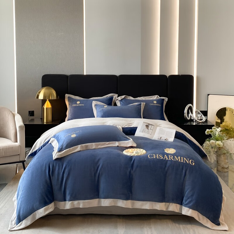 百丽安娜（Belle Anna）牛奶绒全消光工艺轻奢四件套（山茶莓蓝 浅灰）床上用品套件