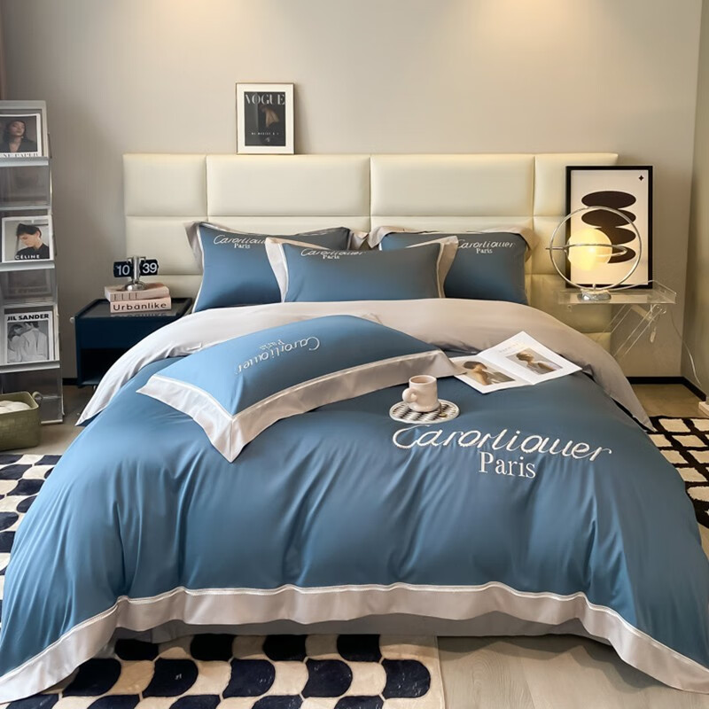 百丽安娜（Belle Anna）80支长绒棉100%全棉纯色绣花四件套（宾利蓝）床上用品套件