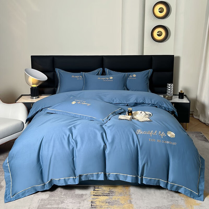 百丽安娜（Belle Anna）纯棉高支高密刺绣四套件（宾利蓝）床上用品套件