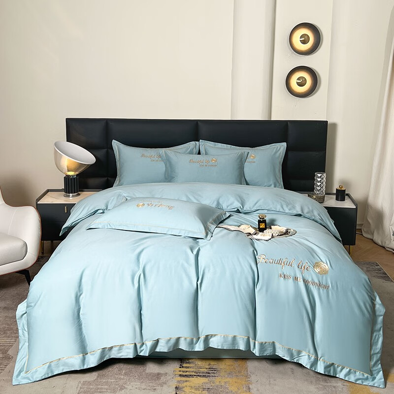 百丽安娜（Belle Anna）纯棉高支高密刺绣四件套（浅蓝色）床上用品套件