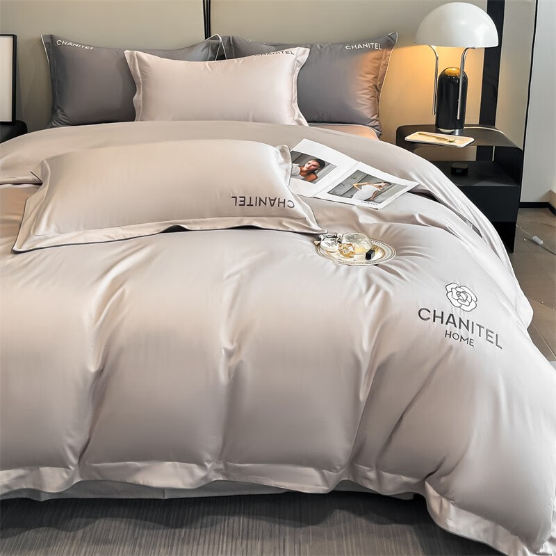 百丽安娜（Belle Anna）60支长绒棉100%全棉纯色刺绣四件套（山灰）床上用品套件