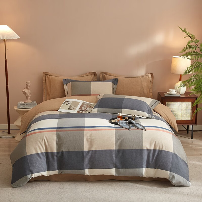 百丽安娜（Belle Anna）100%全棉生态磨毛四件套（格韵-32×21支）床上用品套件