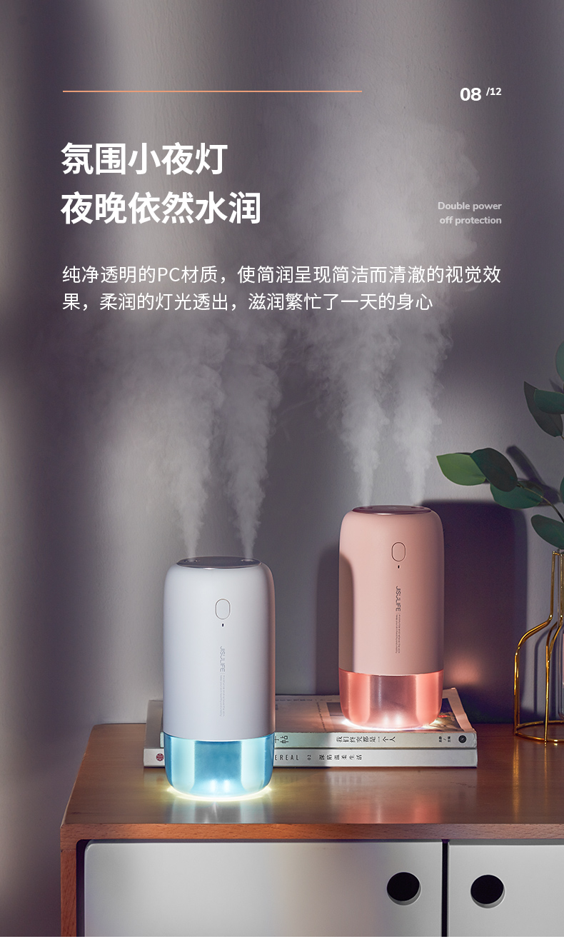 几素 加湿器迷你桌面加湿卧室床头轻音家用宿舍室内小型空气加湿器usb无线便携大容量送女友生日礼物 白色【双喷大雾量_3600毫安_无线加湿】4根滤芯