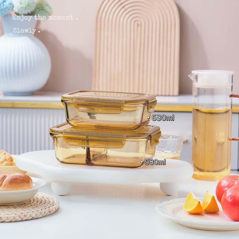 康宁Instant Pot 耐热玻璃保鲜盒微波炉饭盒上班族专用便当盒两件组（630ml+980ml分隔）