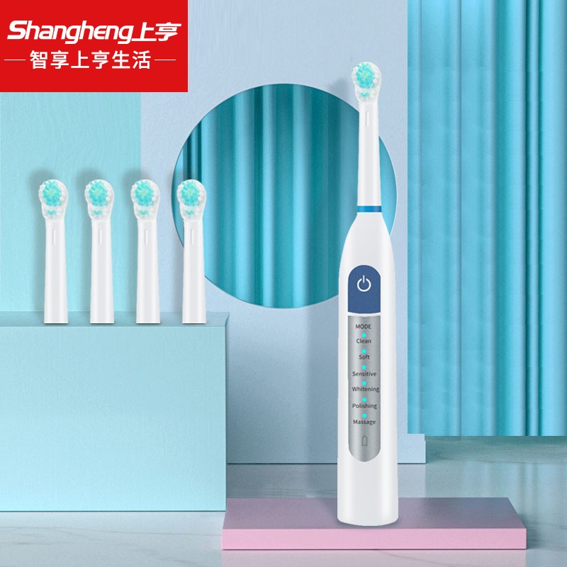 上亨（shangheng） 电动牙刷全自动防水成人智能声波座充美白男女士软毛牙刷超长续航牙医推荐 蓝白色【多种模式 旋转马达 4个刷头】SHZH-003