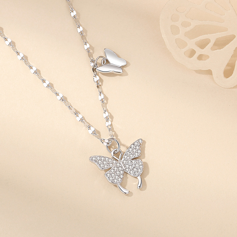 足银999纯银项链镶钻蝴蝶项链女生高级感女时尚通勤珠宝首饰