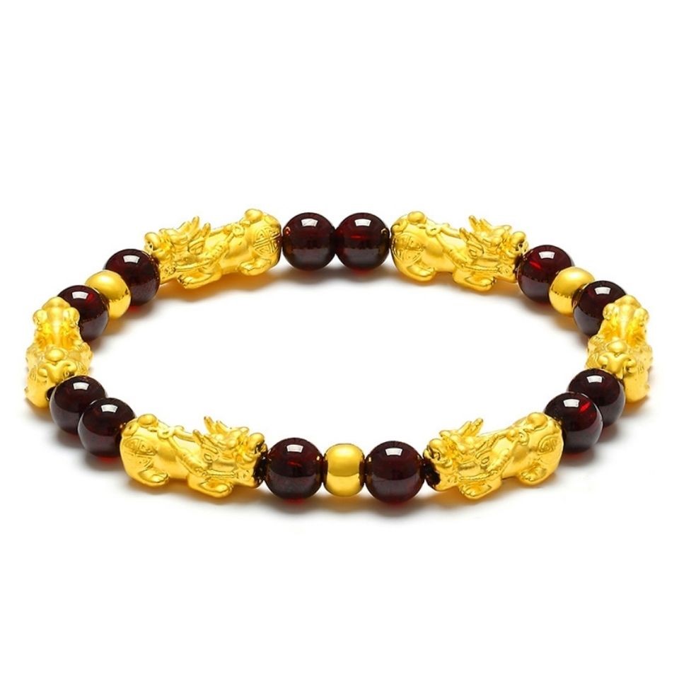 【招财纳福】21k沙金貔貅手链5D石榴石转运珠手串