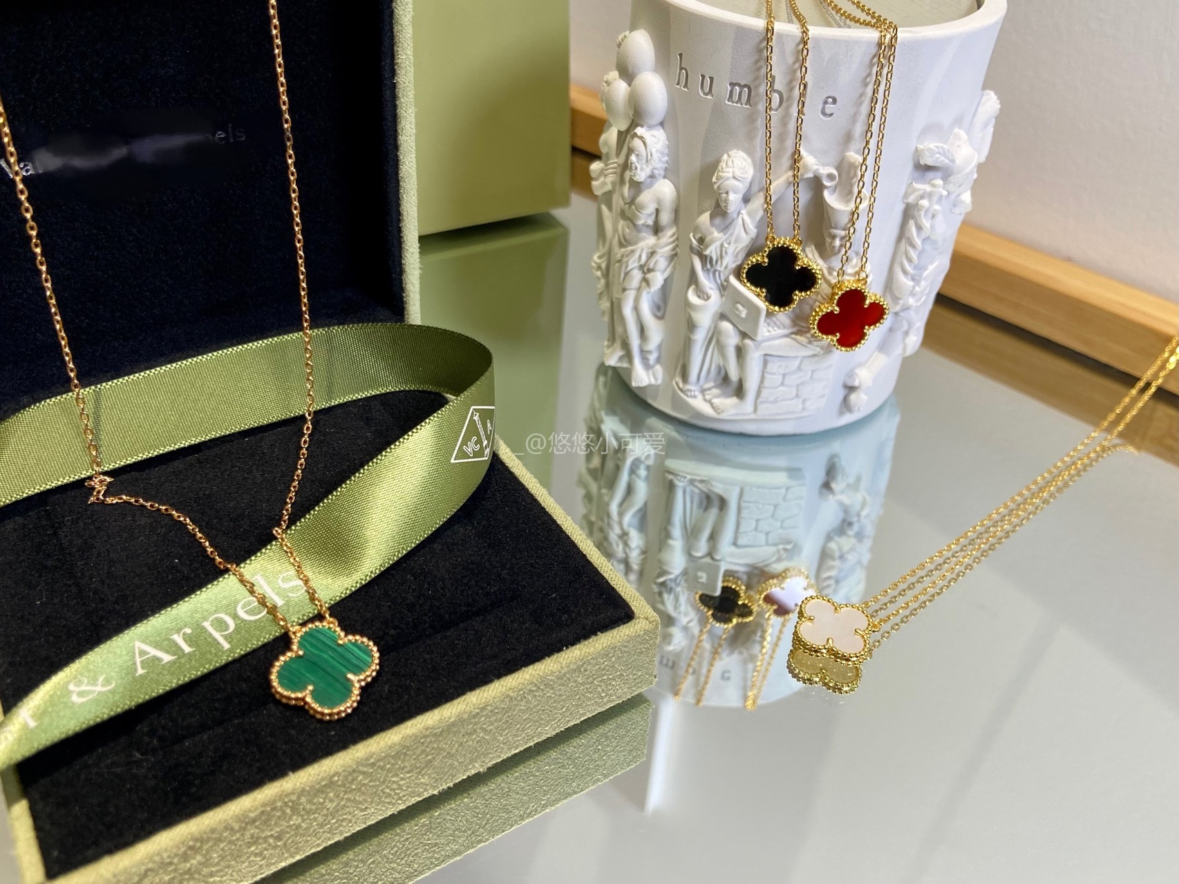 VC四叶草单颗项链（白贝母、红玉髓、孔雀石、黑玉髓）18KGP 白贝母、红玉髓、孔雀石、黑玉髓