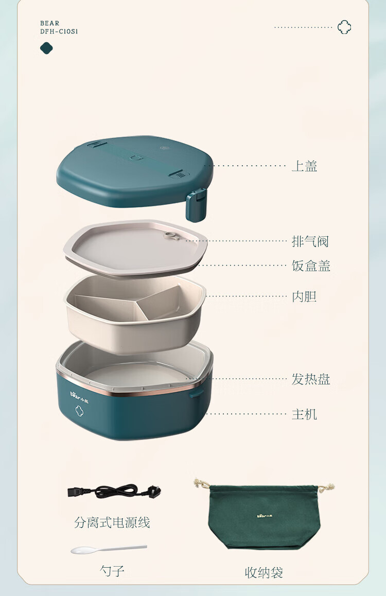 小熊（Bear）电热饭盒 加热饭盒1.0L恒温低音加热分离式内胆免注水自热饭盒不粘内胆保温饭盒DFH-C10S1