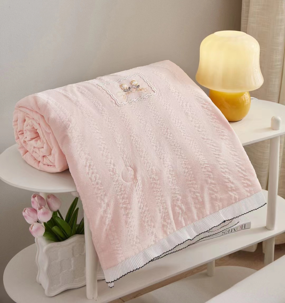 2024爆款公主风泡泡纱刺绣款空调被蕾丝花边单双人夏被