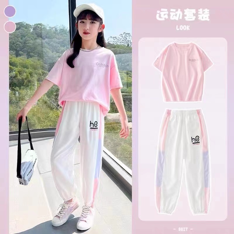 豆依童女童夏季新款运动套装时髦洋气短袖长裤套装