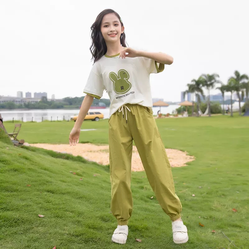 豆依童新款夏季女童洋气时髦套装中大童休闲两件套