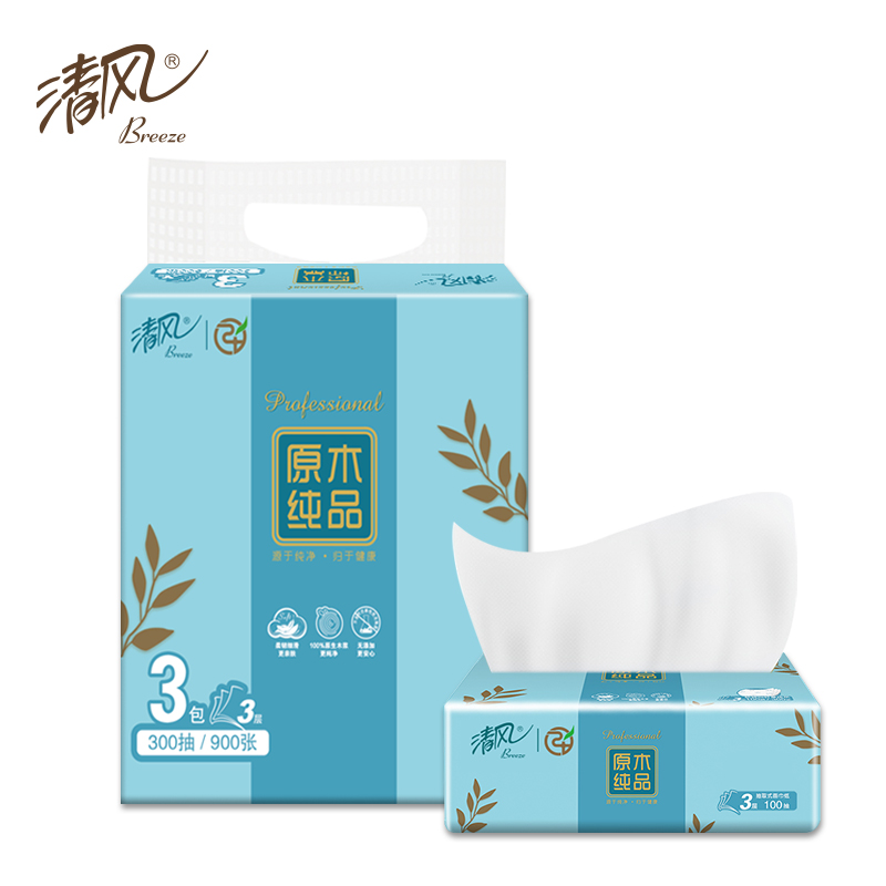 清风原木纯品3层100抽3包抽取式面巾纸AP32SLP（包销款）