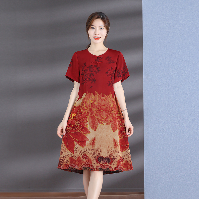 2024夏装新款仿真丝连衣裙女中长款复古印花宽松大码妈妈装直身裙