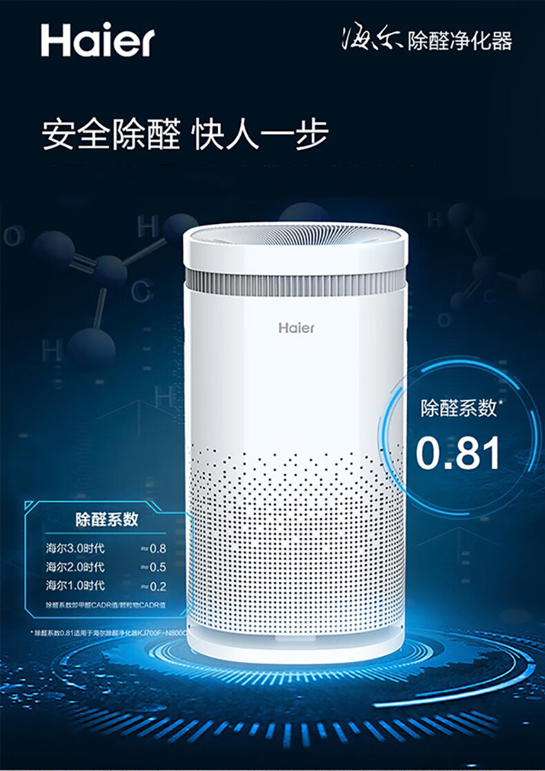 海尔（haier）空气净化器 KJ480F-N800C 氨基酸除醛 智能WIFI 滤网更换提示 5档风速调节