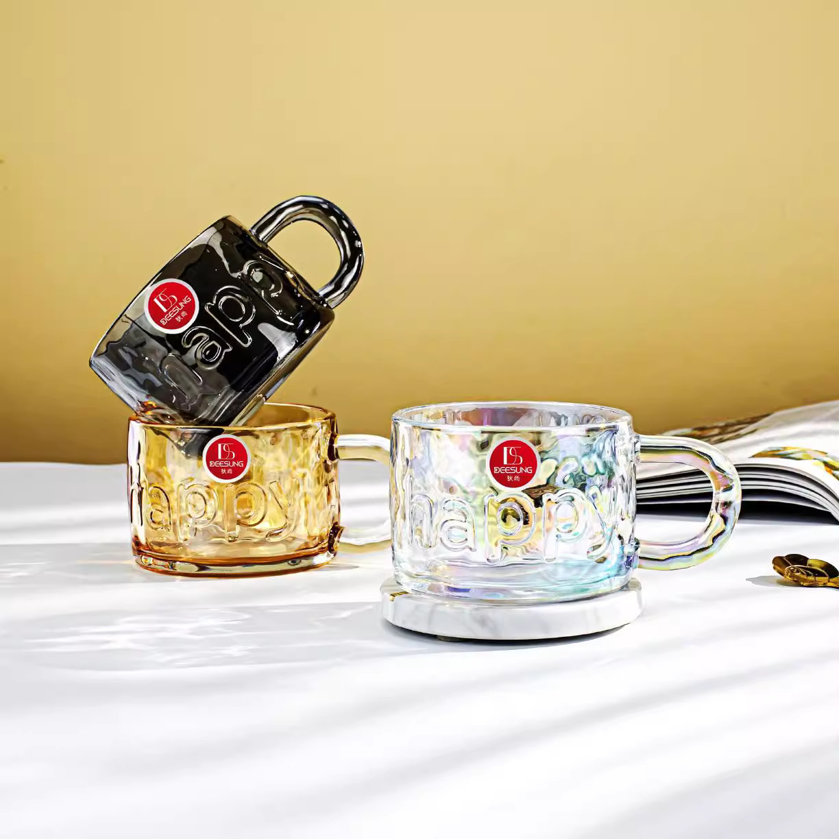 网红ins风玻璃happy杯子透明简约早餐牛奶咖啡杯子家用女生水杯