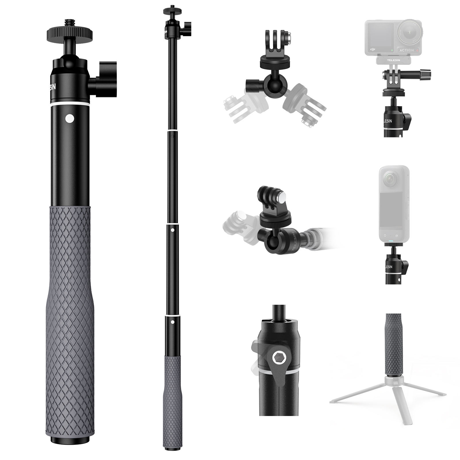 Telesin Go Pro stick tripod flexible selfie stick 360 rotation ball selfie monopod for GoPro, DJI and Insta360 cameras