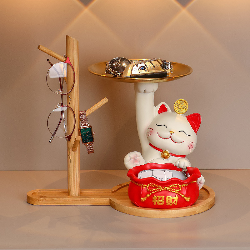 新中式入户玄关家居摆件纳托盘招财猫创意新房乔迁