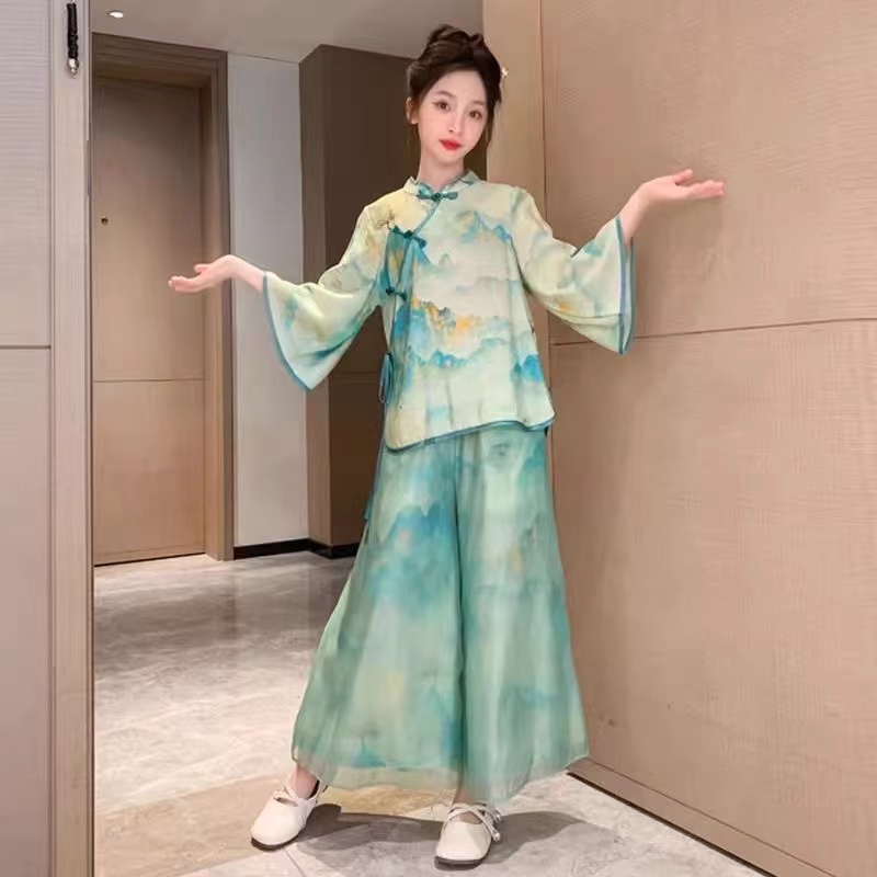 Girls summer style Hanfu 2024 new summer girls short-sleeved new Chinese Tang suit retro two-piece set