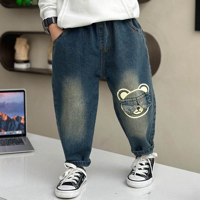 Children's spring and autumn jeans 2024 new Korean style cartoon fashionable personality little boy casual pants