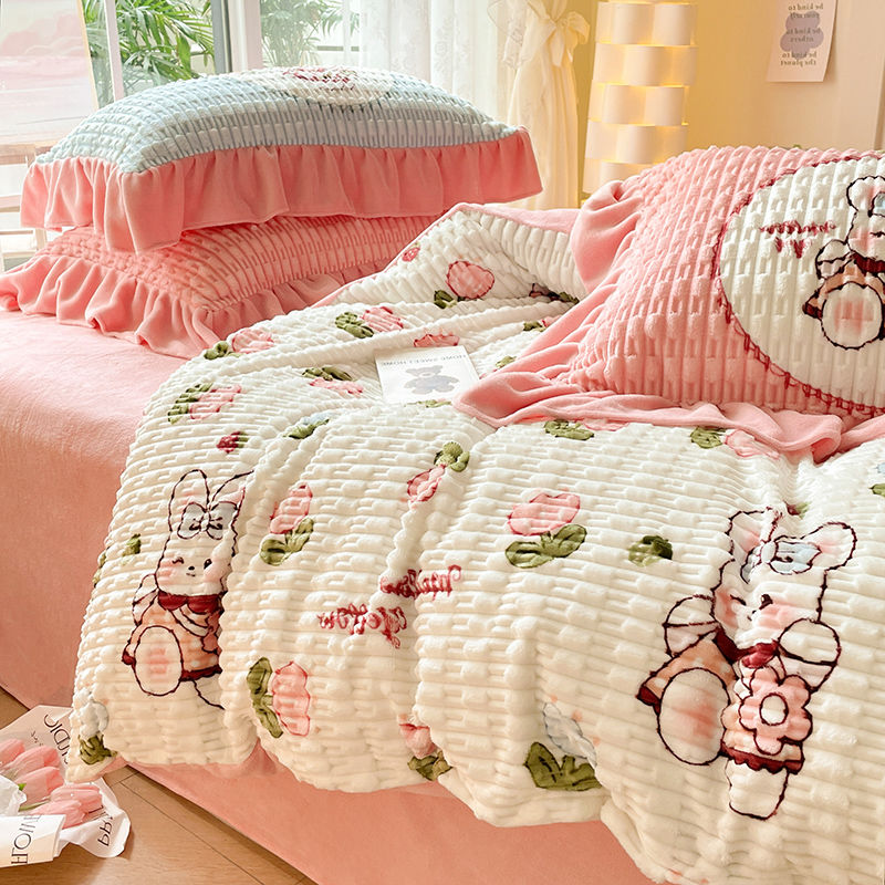 冬季小清新提花豆豆款网红四件套可爱三件套加厚牛奶绒被套单格子