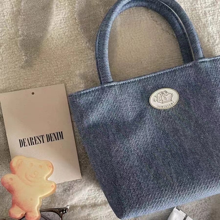   Niche jeans blue canvas bag simple texture retro solid color messenger bag casual handbag
