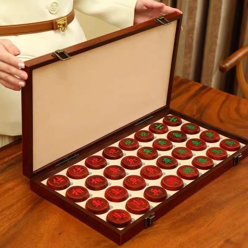   Chinese chess solid wood high-grade large adult chess plus chessboard ancient style big acid branch gold wire mahogany chess