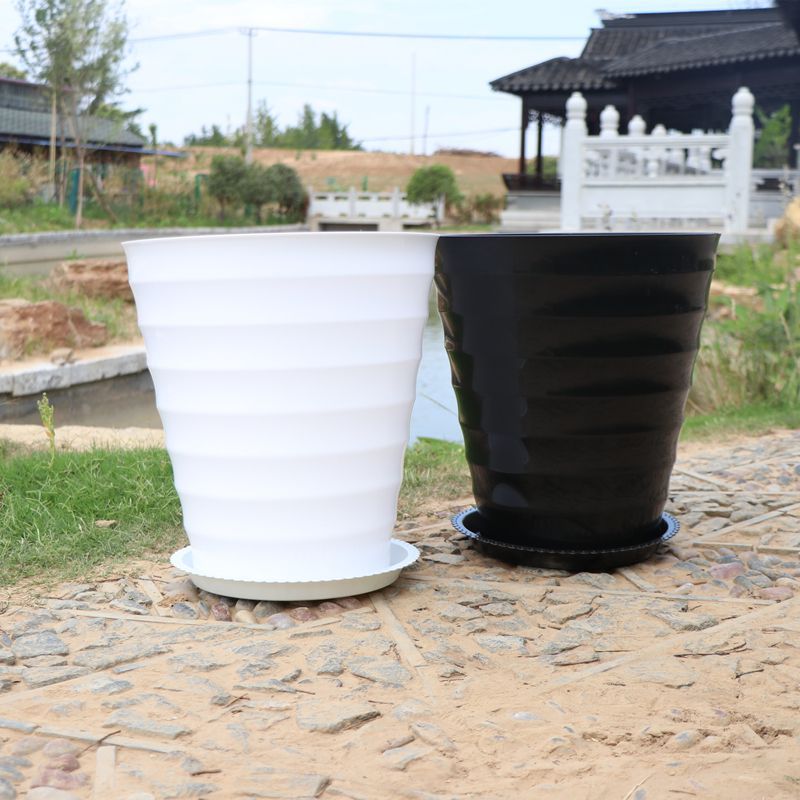 花盆陶盆大螺纹加厚白色黑色瓷送托盘盆景植物大型塑料盆代发